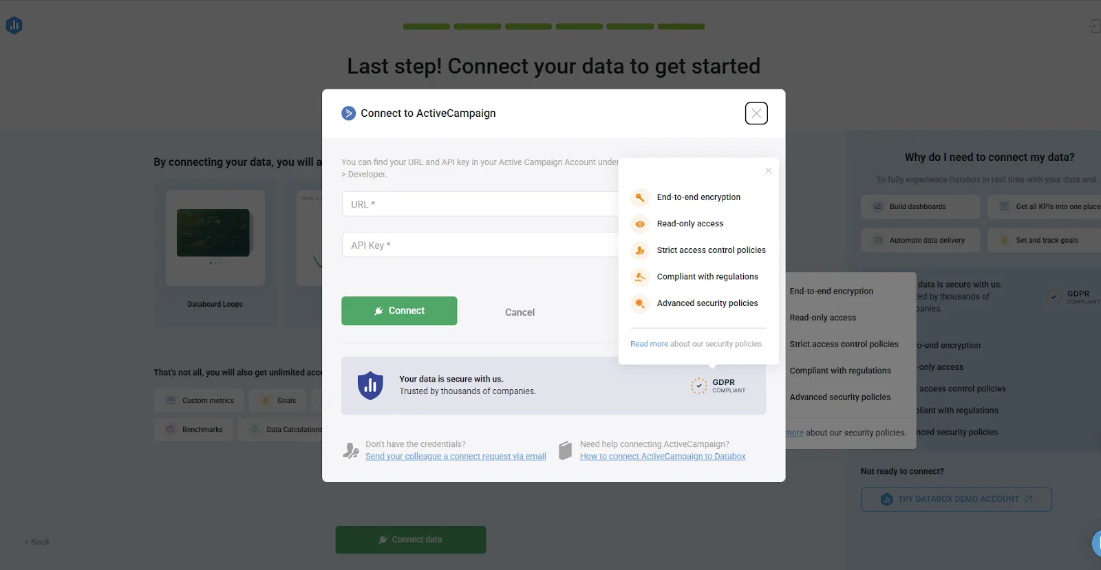 Prints do painel Databox e KPIs de vendas que monitora